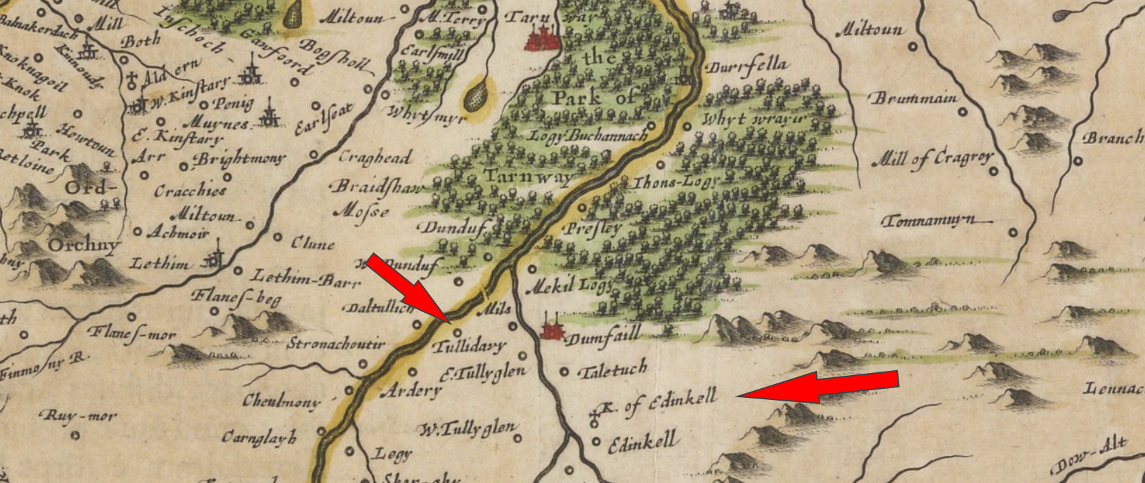 Map showing the locations of Tullidivy and the Kirk of Edinkillie in 1654.